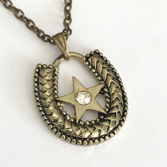 Horseshoe Necklace Crystal Gold Brass Plated 24" Country Western Cowgirl Luck - Picture 4 of 9